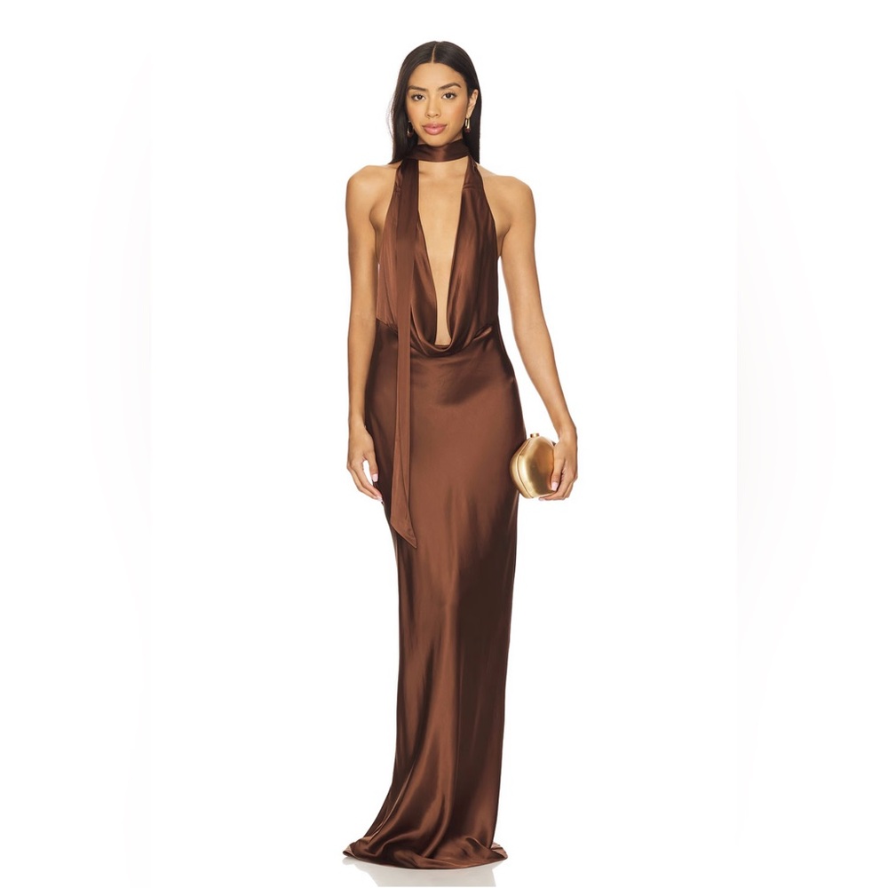 NBD Brown Satin Backless Halter Gown